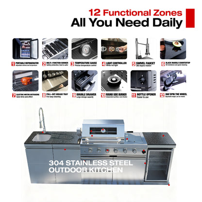 46 - Inch 4 - Burner 72000 BTU Deluxe Stainless Steel Gas Outdoor Kitchen Bar Barbecue Island Grill + Wine Cooler Compact Refrigerator + Rotisserie + Granite Countertops + Storage Cabinets & Drawers - 1st Choice Furniture Direct