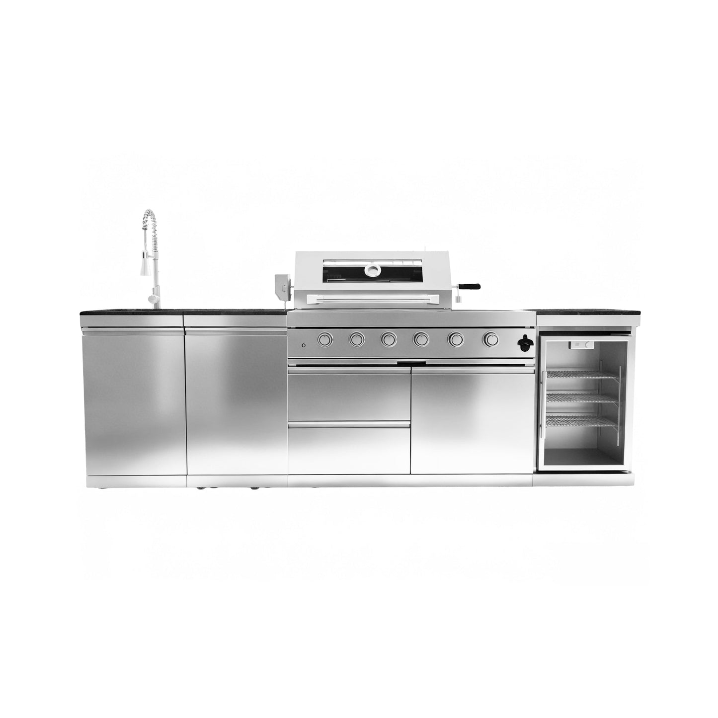 46 - Inch 4 - Burner 72000 BTU Deluxe Stainless Steel Gas Outdoor Kitchen Bar Barbecue Island Grill + Wine Cooler Compact Refrigerator + Rotisserie + Granite Countertops + Storage Cabinets & Drawers - 1st Choice Furniture Direct