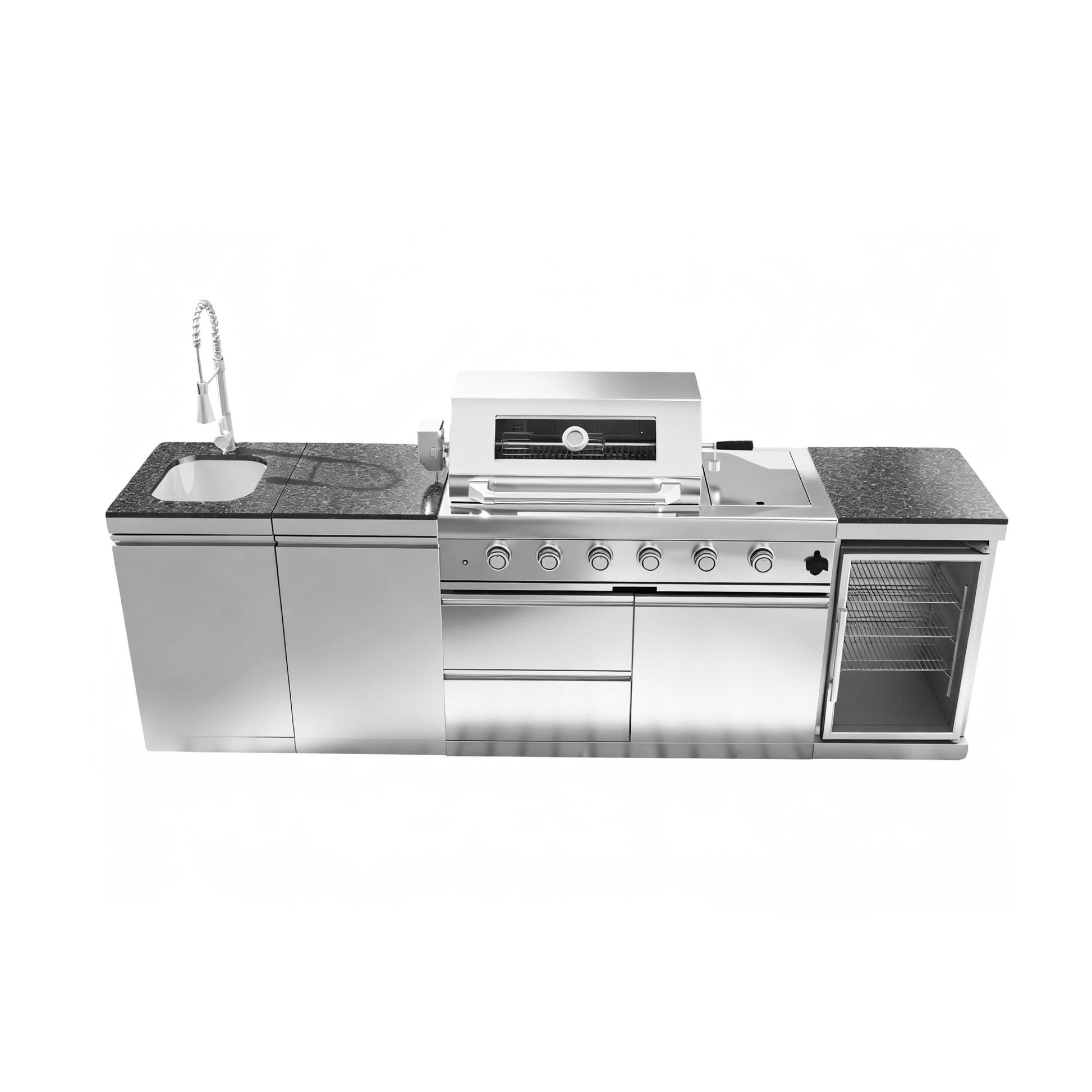 46 - Inch 4 - Burner 72000 BTU Deluxe Stainless Steel Gas Outdoor Kitchen Bar Barbecue Island Grill + Wine Cooler Compact Refrigerator + Rotisserie + Granite Countertops + Storage Cabinets & Drawers - 1st Choice Furniture Direct