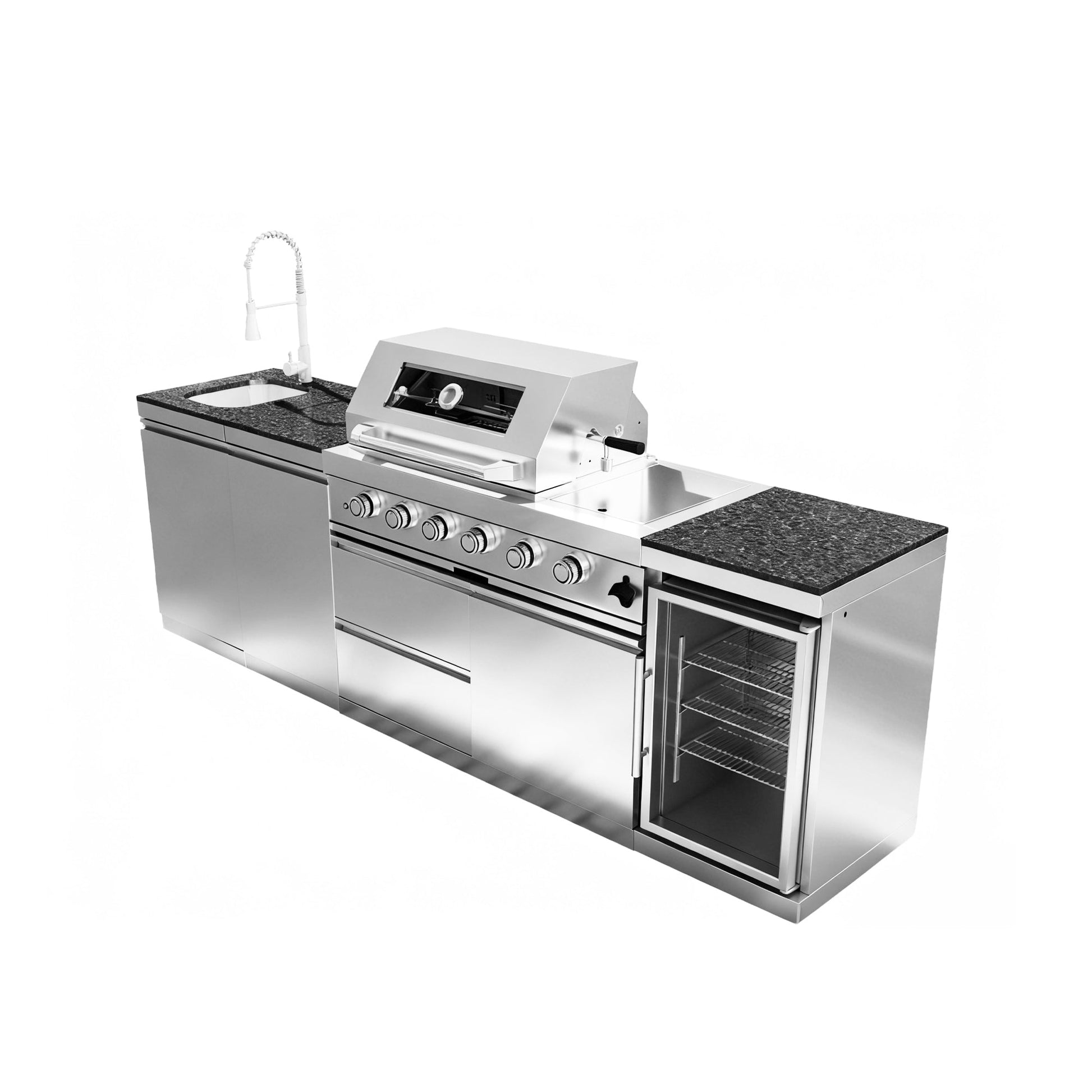 46 - Inch 4 - Burner 72000 BTU Deluxe Stainless Steel Gas Outdoor Kitchen Bar Barbecue Island Grill + Wine Cooler Compact Refrigerator + Rotisserie + Granite Countertops + Storage Cabinets & Drawers - 1st Choice Furniture Direct