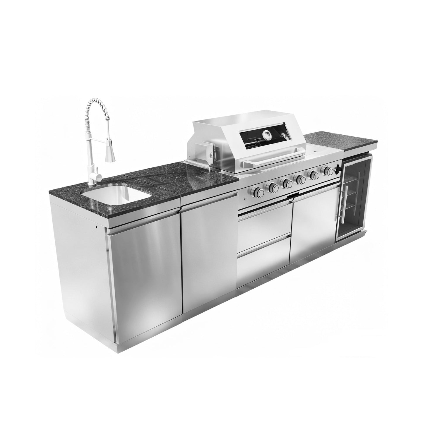 46 - Inch 4 - Burner 72000 BTU Deluxe Stainless Steel Gas Outdoor Kitchen Bar Barbecue Island Grill + Wine Cooler Compact Refrigerator + Rotisserie + Granite Countertops + Storage Cabinets & Drawers - 1st Choice Furniture Direct