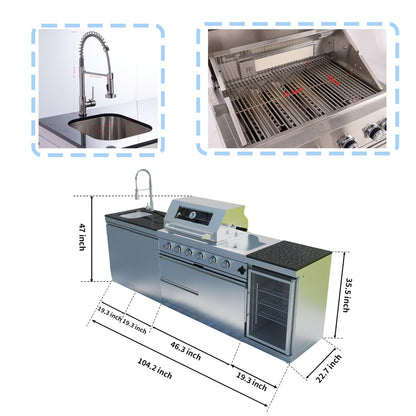 46 - Inch 4 - Burner 72000 BTU Deluxe Stainless Steel Gas Outdoor Kitchen Bar Barbecue Island Grill + Wine Cooler Compact Refrigerator + Rotisserie + Granite Countertops + Storage Cabinets & Drawers - 1st Choice Furniture Direct