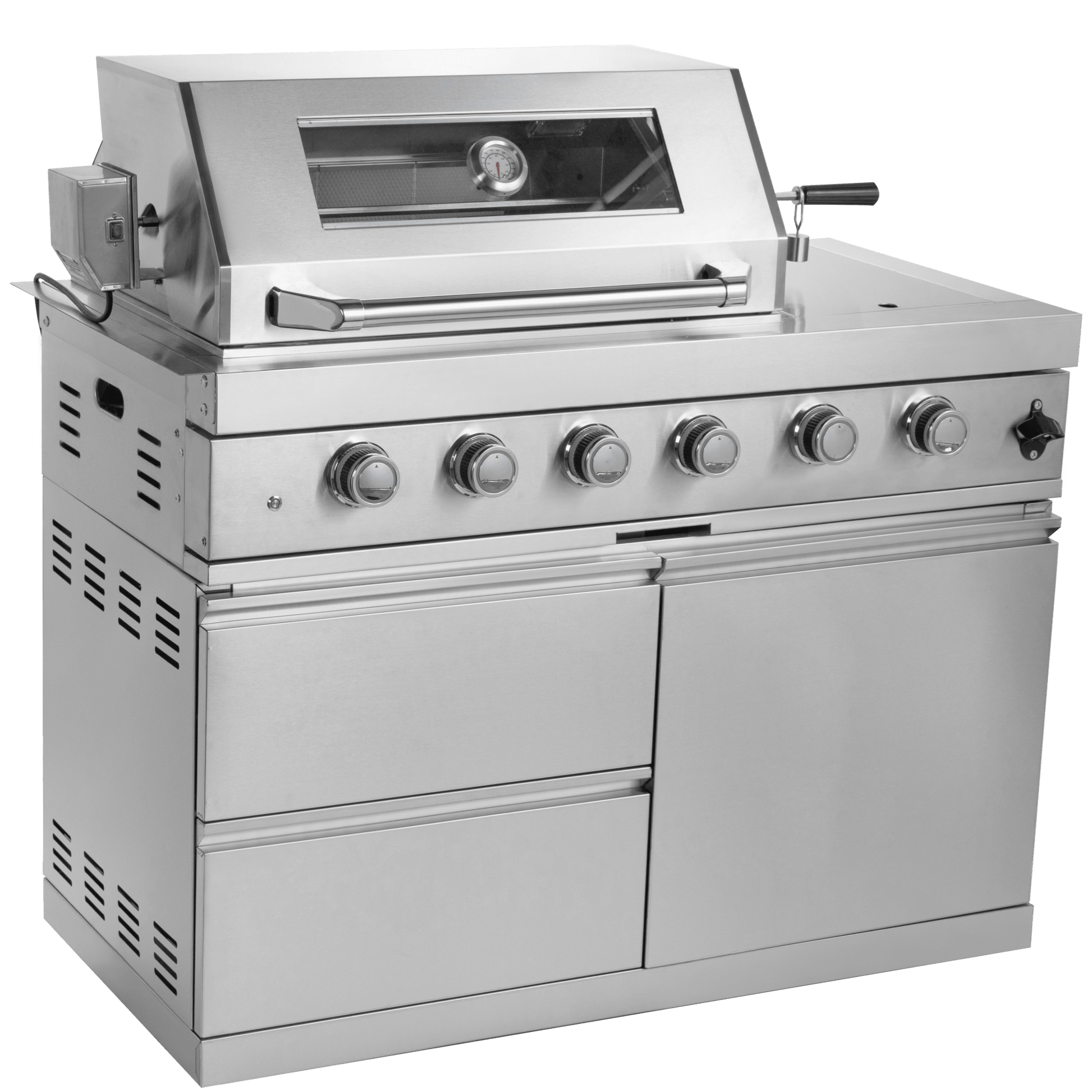 46 - Inch 4 - Burner 72000 BTU Deluxe Stainless Steel Gas Outdoor Kitchen Bar Barbecue Island Grill + Wine Cooler Compact Refrigerator + Rotisserie + Granite Countertops + Storage Cabinets & Drawers - 1st Choice Furniture Direct