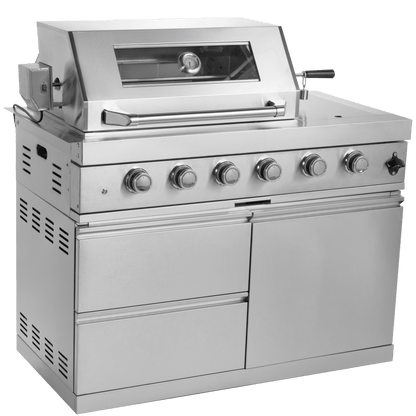 46 - Inch 4 - Burner 72000 BTU Deluxe Stainless Steel Gas Outdoor Kitchen Bar Barbecue Island Grill + Wine Cooler Compact Refrigerator + Rotisserie + Granite Countertops + Storage Cabinets & Drawers - 1st Choice Furniture Direct