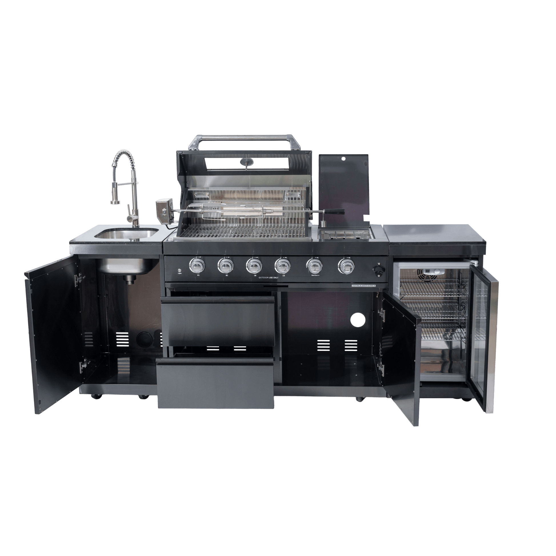 46 - Inch 4 - Burner 72000 BTU Deluxe Stainless Steel Gas Outdoor Kitchen Bar Barbecue Island Grill + Wine Cooler Compact Refrigerator + Rotisserie kit + Granite Countertops + Stainless steel Sink - 1st Choice Furniture Direct