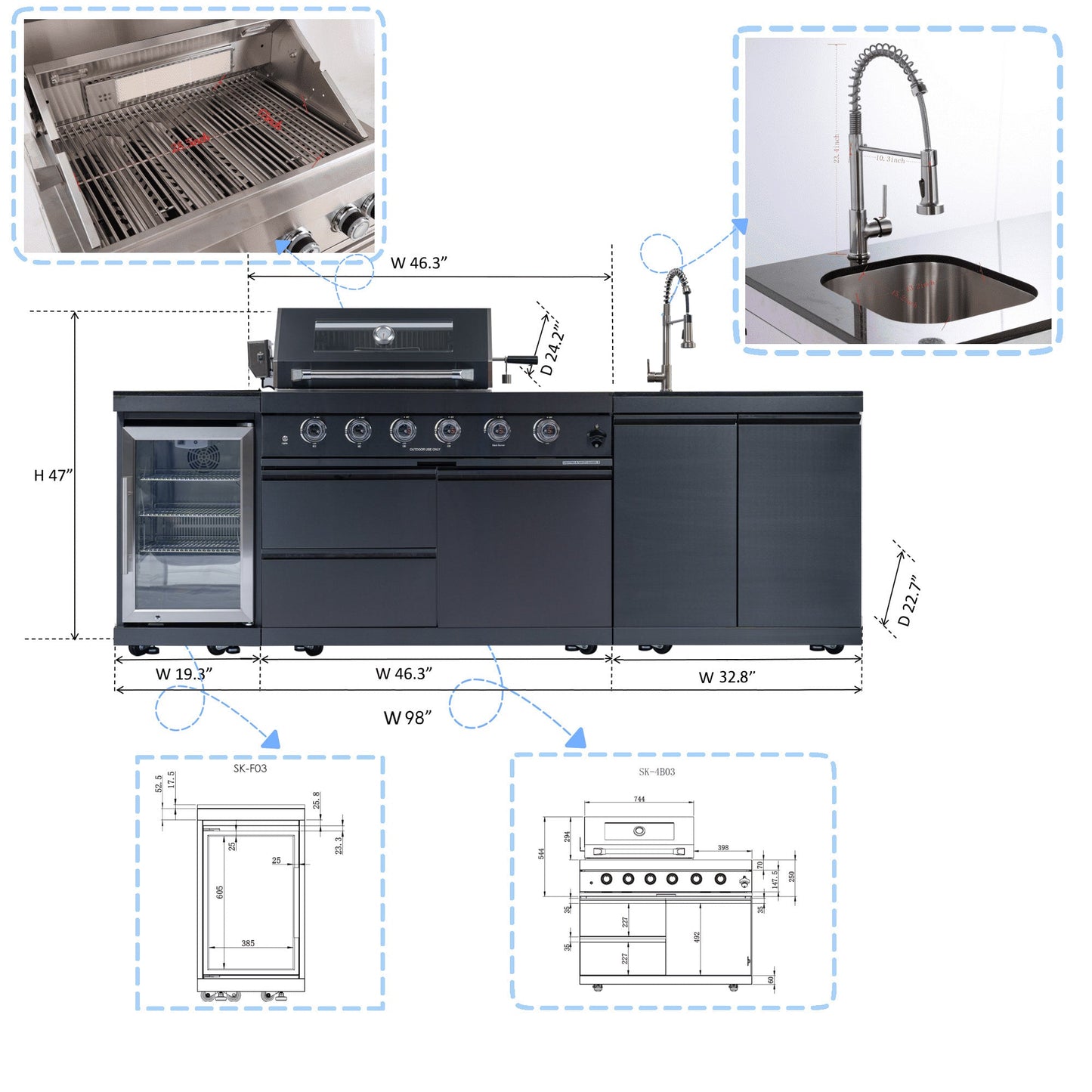 46 - Inch 4 - Burner 72000 BTU Deluxe Stainless Steel Gas Outdoor Kitchen Bar Barbecue Island Grill + Wine Cooler Compact Refrigerator + Rotisserie kit + Granite Countertops + Stainless steel Sink - 1st Choice Furniture Direct