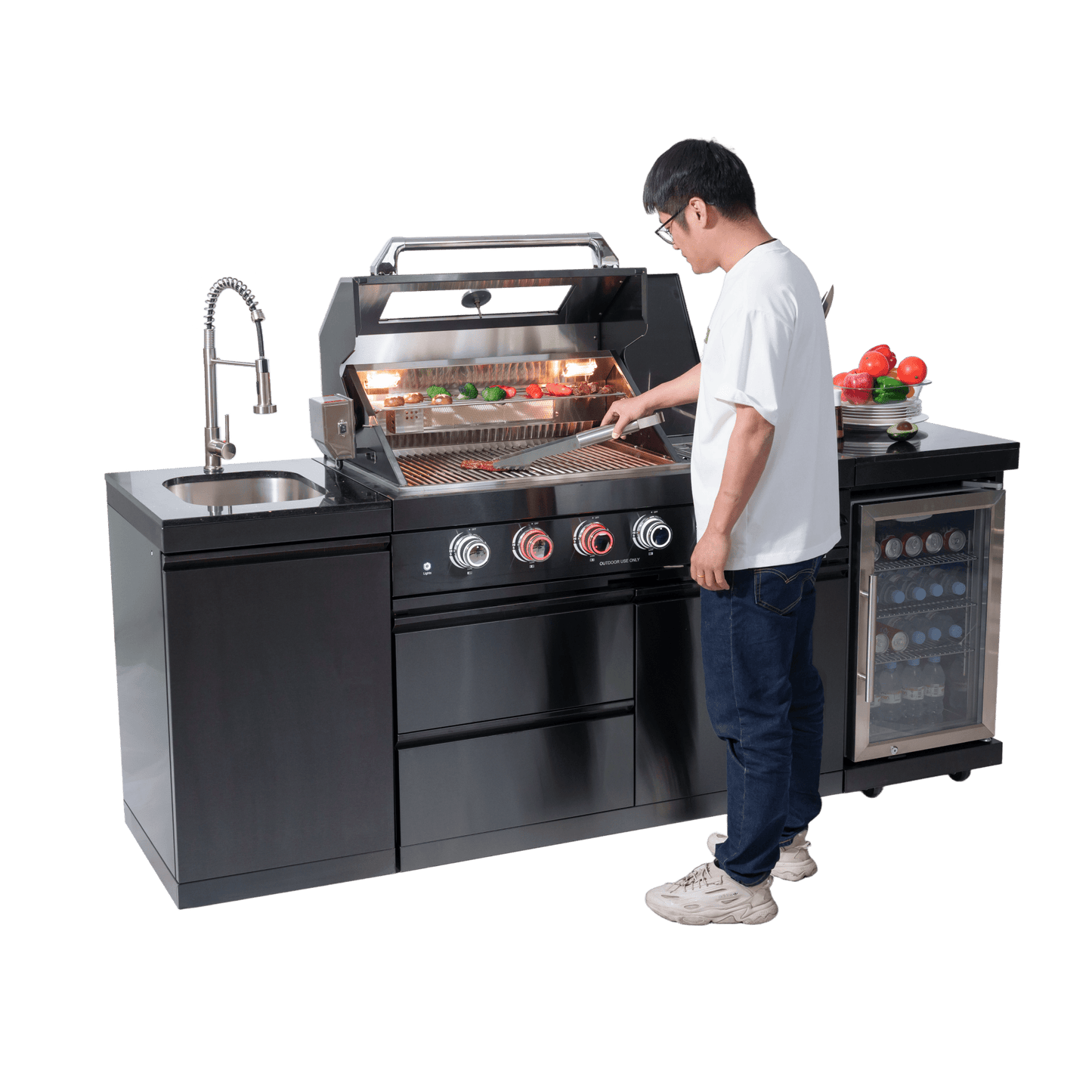 46 - Inch 4 - Burner 72000 BTU Deluxe Stainless Steel Gas Outdoor Kitchen Bar Barbecue Island Grill + Wine Cooler Compact Refrigerator + Rotisserie kit + Granite Countertops + Stainless steel Sink - 1st Choice Furniture Direct