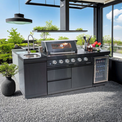46 - Inch 4 - Burner 72000 BTU Deluxe Stainless Steel Gas Outdoor Kitchen Bar Barbecue Island Grill + Wine Cooler Compact Refrigerator + Rotisserie kit + Granite Countertops + Stainless steel Sink - 1st Choice Furniture Direct