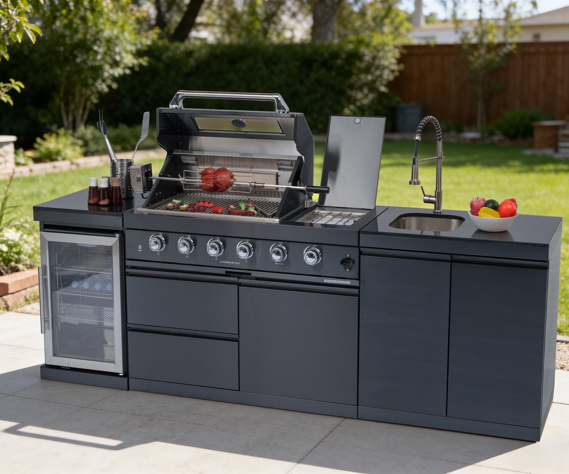 46 - Inch 4 - Burner 72000 BTU Deluxe Stainless Steel Gas Outdoor Kitchen Bar Barbecue Island Grill + Wine Cooler Compact Refrigerator + Rotisserie kit + Granite Countertops + Stainless steel Sink - 1st Choice Furniture Direct