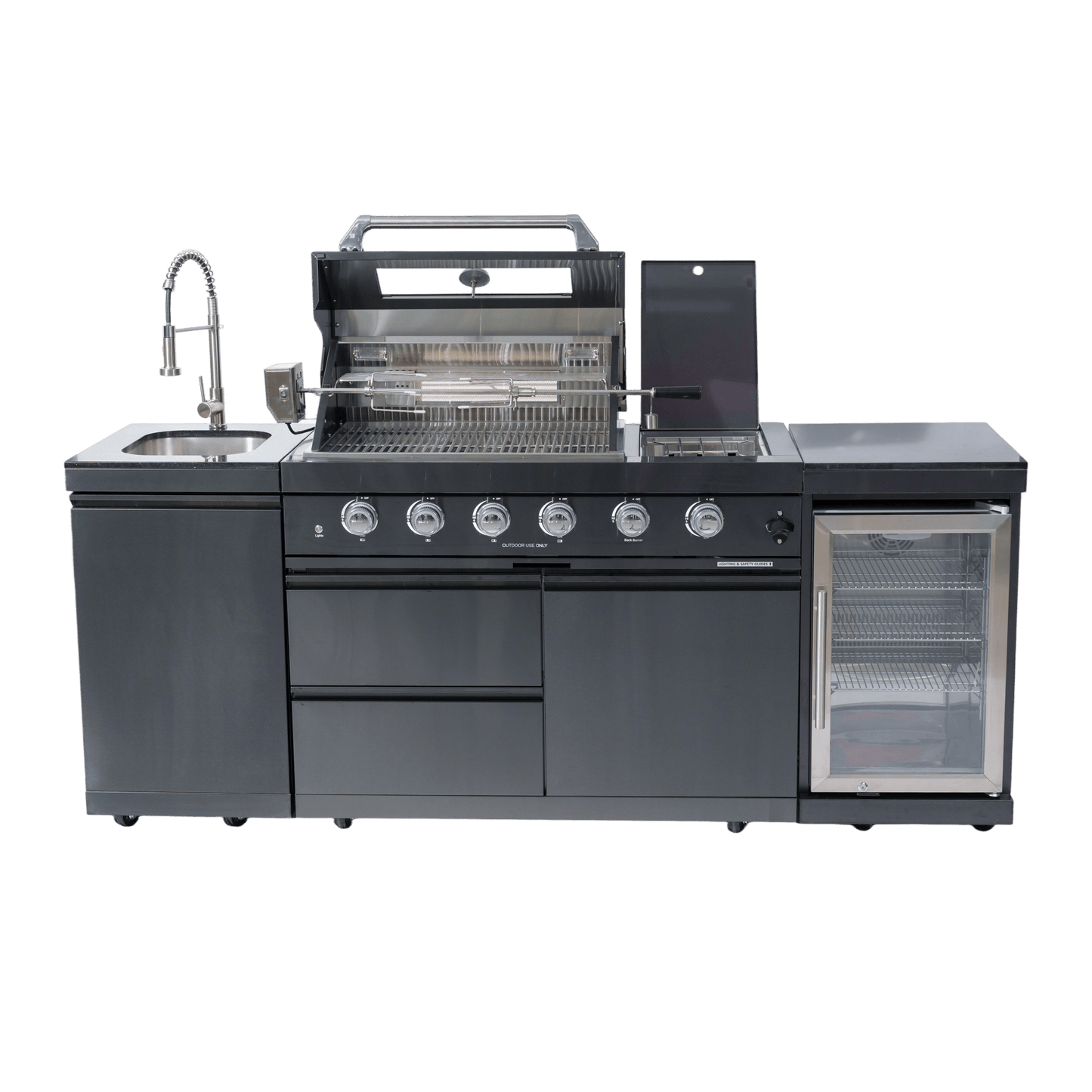 46 - Inch 4 - Burner 72000 BTU Deluxe Stainless Steel Gas Outdoor Kitchen Bar Barbecue Island Grill + Wine Cooler Compact Refrigerator + Rotisserie kit + Granite Countertops + Stainless steel Sink - 1st Choice Furniture Direct