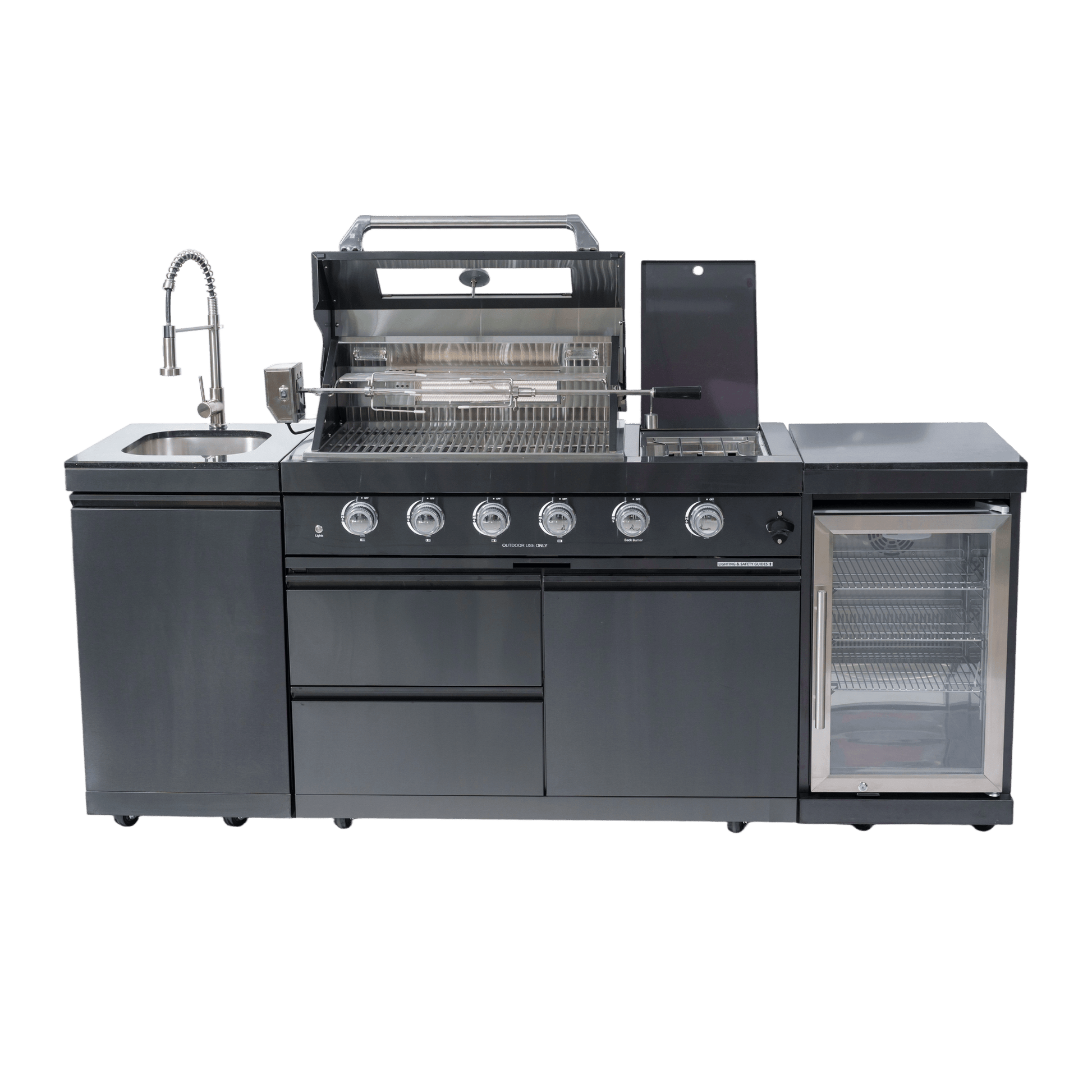 46 - Inch 4 - Burner 72000 BTU Deluxe Stainless Steel Gas Outdoor Kitchen Bar Barbecue Island Grill + Wine Cooler Compact Refrigerator + Rotisserie kit + Granite Countertops + Stainless steel Sink - 1st Choice Furniture Direct