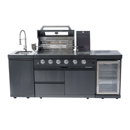46 - Inch 4 - Burner 72000 BTU Deluxe Stainless Steel Gas Outdoor Kitchen Bar Barbecue Island Grill + Wine Cooler Compact Refrigerator + Rotisserie kit + Granite Countertops + Stainless steel Sink - 1st Choice Furniture Direct