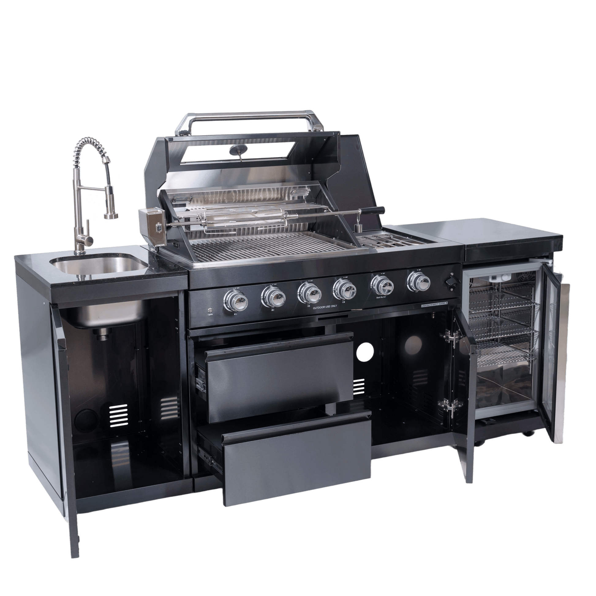 46 - Inch 4 - Burner 72000 BTU Deluxe Stainless Steel Gas Outdoor Kitchen Bar Barbecue Island Grill + Wine Cooler Compact Refrigerator + Rotisserie kit + Granite Countertops + Stainless steel Sink - 1st Choice Furniture Direct