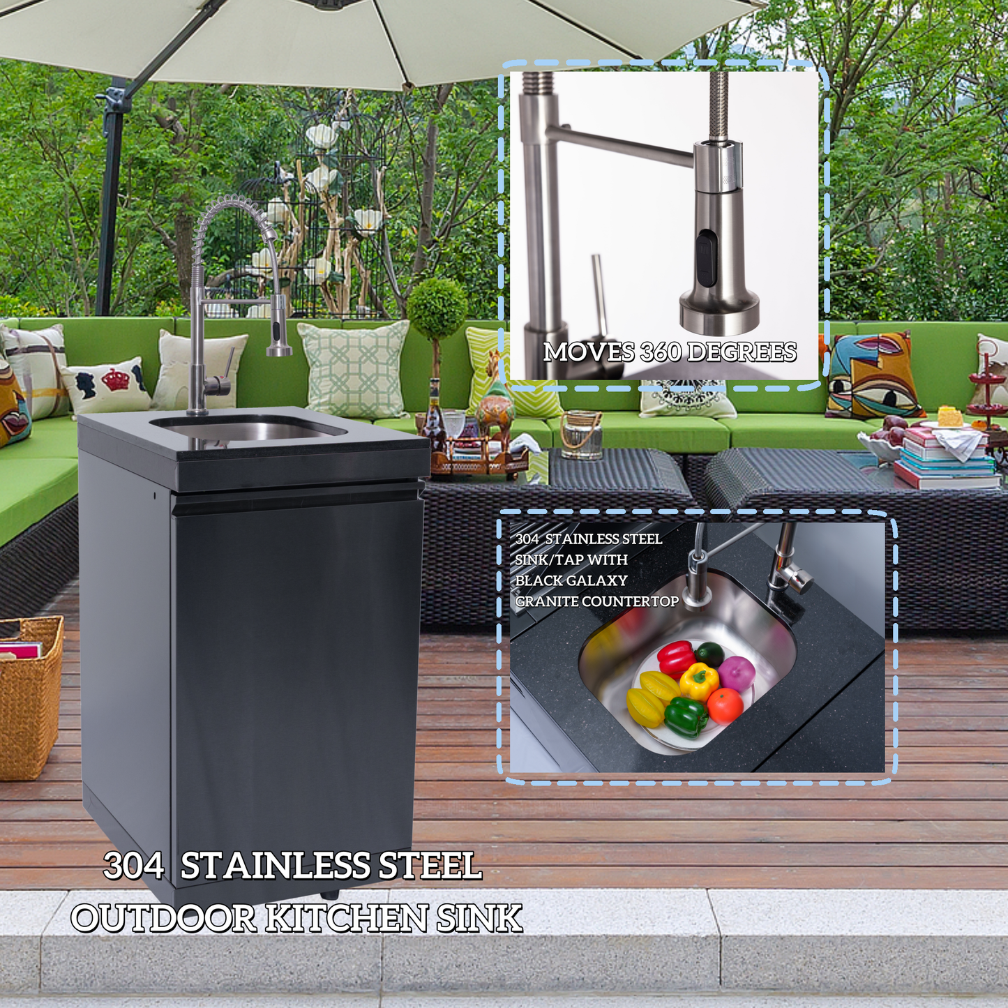 46 - Inch 4 - Burner 72000 BTU Deluxe Stainless Steel Gas Outdoor Kitchen Bar Barbecue Island Grill + Wine Cooler Compact Refrigerator + Rotisserie kit + Granite Countertops + Stainless steel Sink - 1st Choice Furniture Direct