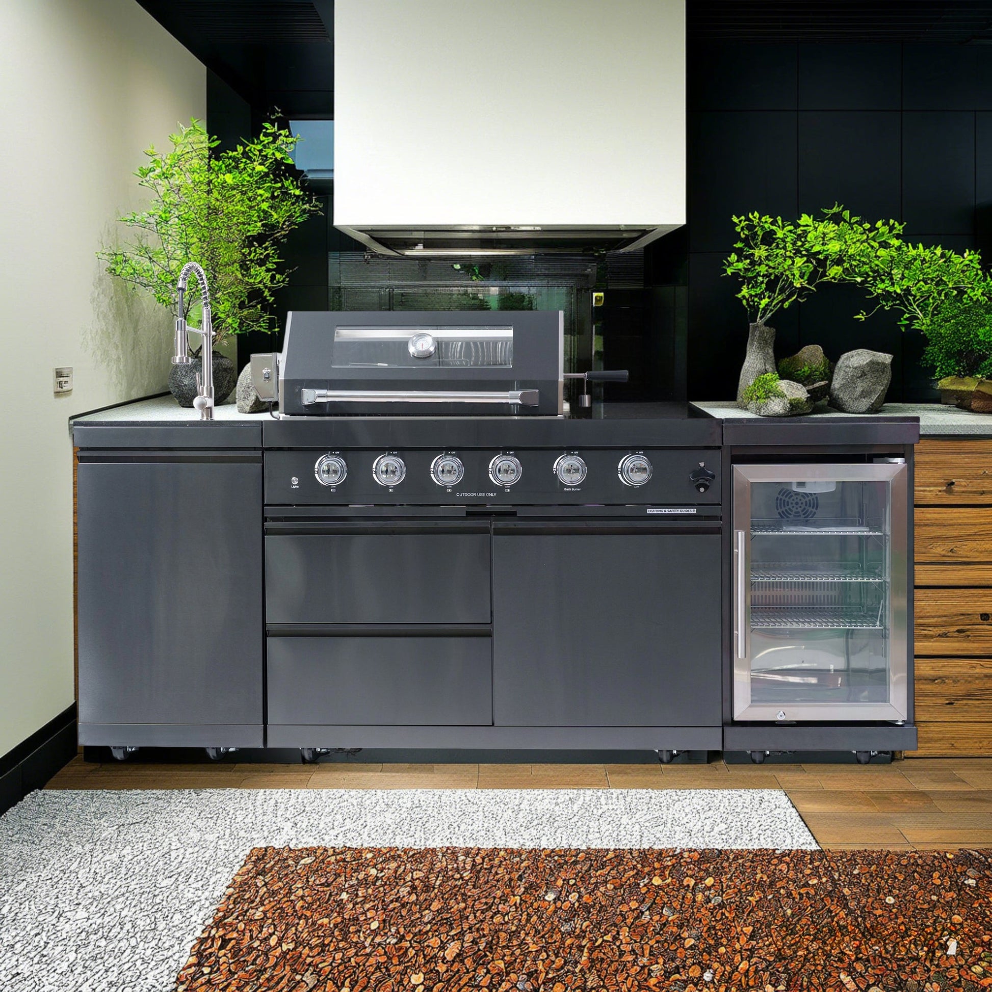 46 - Inch 4 - Burner 72000 BTU Deluxe Stainless Steel Gas Outdoor Kitchen Bar Barbecue Island Grill + Wine Cooler Compact Refrigerator + Rotisserie kit + Granite Countertops + Stainless steel Sink - 1st Choice Furniture Direct