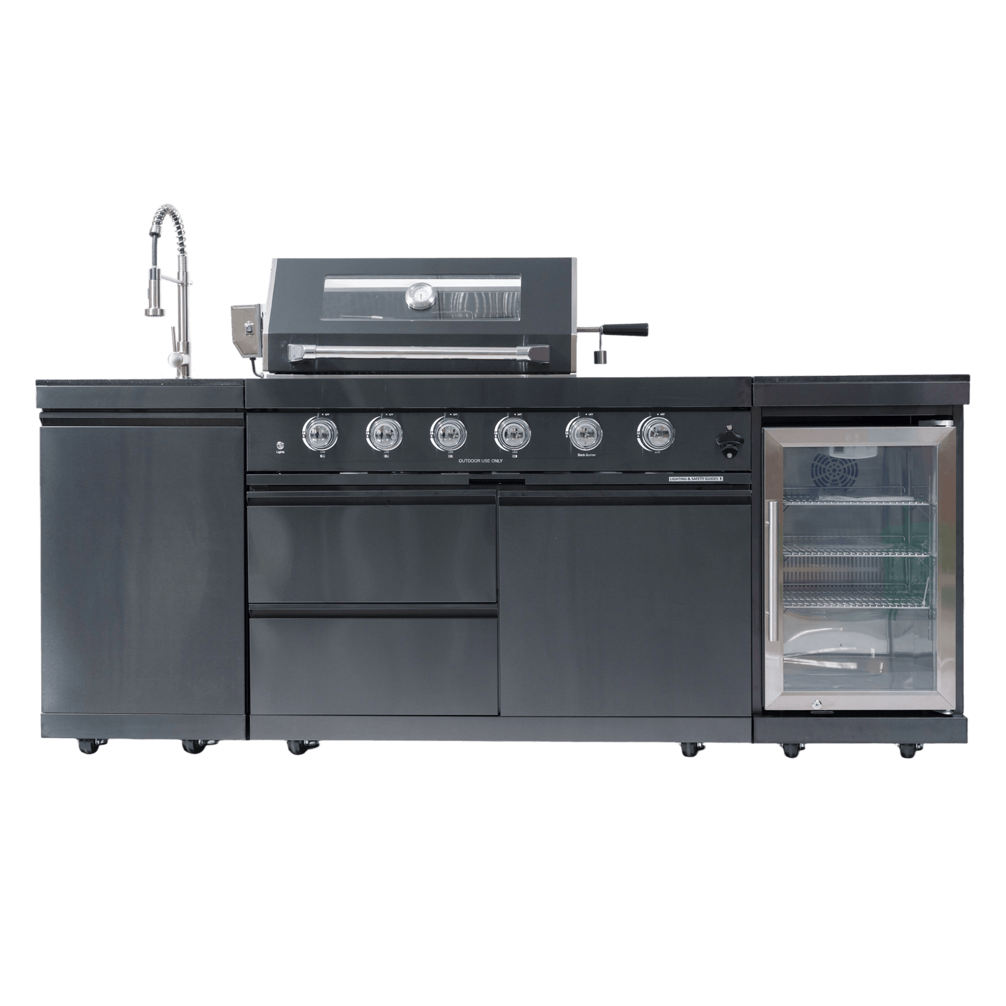 46 - Inch 4 - Burner 72000 BTU Deluxe Stainless Steel Gas Outdoor Kitchen Bar Barbecue Island Grill + Wine Cooler Compact Refrigerator + Rotisserie kit + Granite Countertops + Stainless steel Sink - 1st Choice Furniture Direct