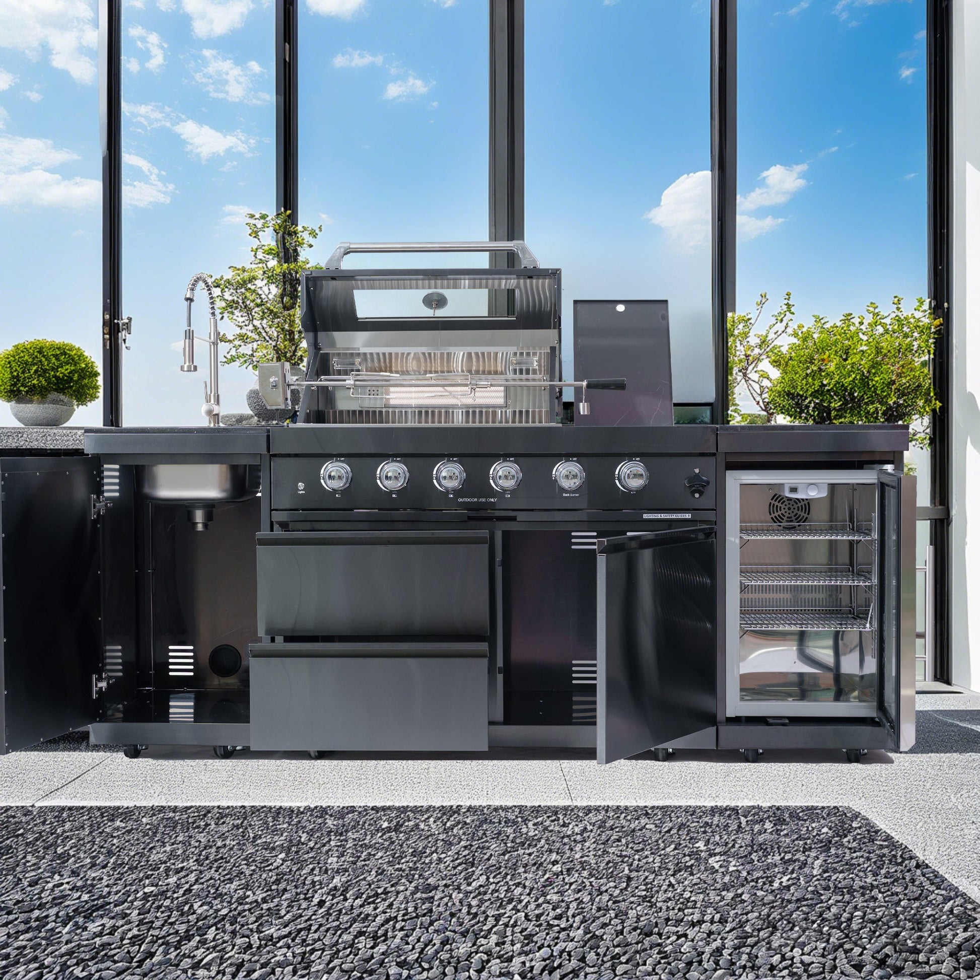 46 - Inch 4 - Burner 72000 BTU Deluxe Stainless Steel Gas Outdoor Kitchen Bar Barbecue Island Grill + Wine Cooler Compact Refrigerator + Rotisserie kit + Granite Countertops + Stainless steel Sink - 1st Choice Furniture Direct