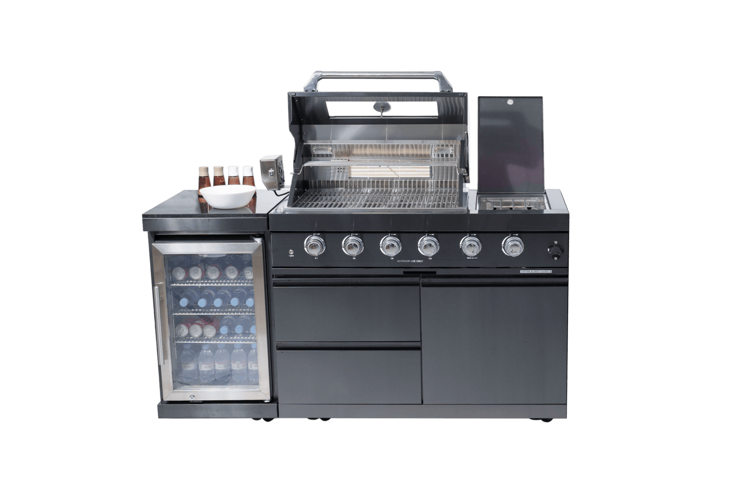46 - Inch 4 - Burner 72000 BTU Deluxe Stainless Steel Gas Outdoor Kitchen Bar Barbecue Island Grill + Wine Cooler Compact Refrigerator + Rotisserie kit + Granite Countertops - 1st Choice Furniture Direct