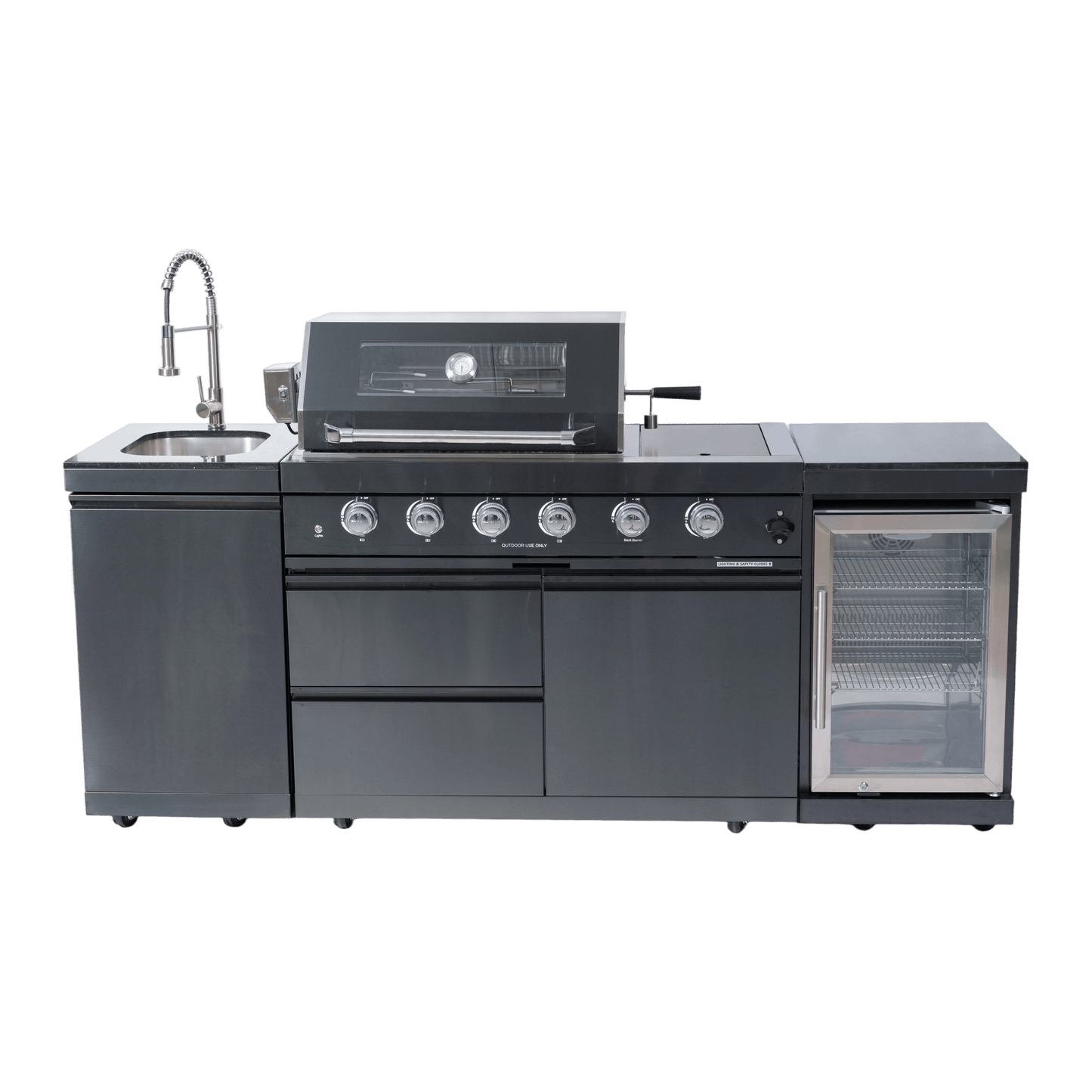 46 - Inch 4 - Burner 72000 BTU Deluxe Stainless Steel Gas Outdoor Kitchen Bar Barbecue Island Grill + Wine Cooler Compact Refrigerator + Rotisserie kit + Granite Countertops + Stainless steel Sink - 1st Choice Furniture Direct