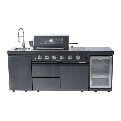 46 - Inch 4 - Burner 72000 BTU Deluxe Stainless Steel Gas Outdoor Kitchen Bar Barbecue Island Grill + Wine Cooler Compact Refrigerator + Rotisserie kit + Granite Countertops + Stainless steel Sink - 1st Choice Furniture Direct