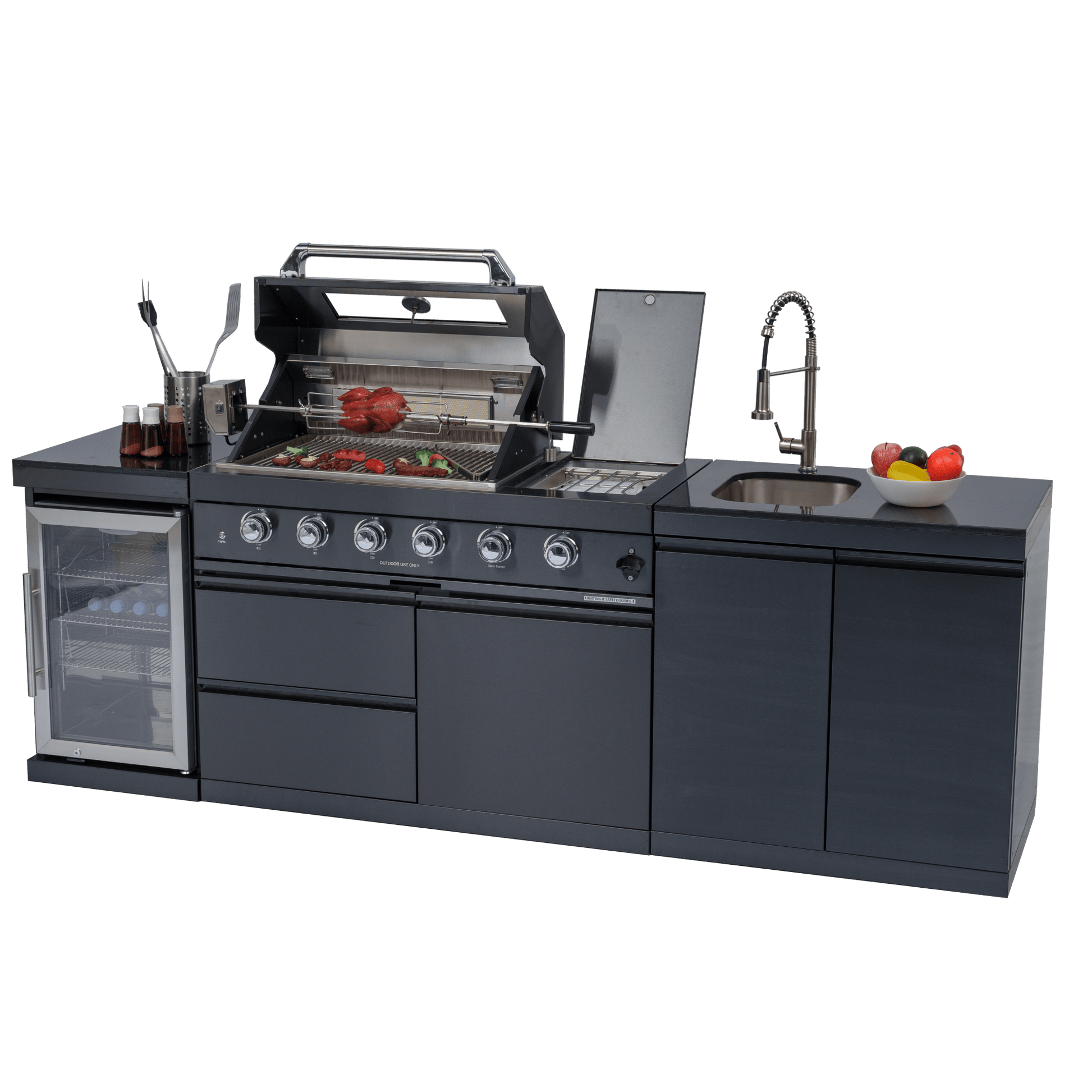 46 - Inch 4 - Burner 72000 BTU Deluxe Stainless Steel Gas Outdoor Kitchen Bar Barbecue Island Grill + Wine Cooler Compact Refrigerator + Rotisserie kit + Granite Countertops + Stainless steel Sink - 1st Choice Furniture Direct