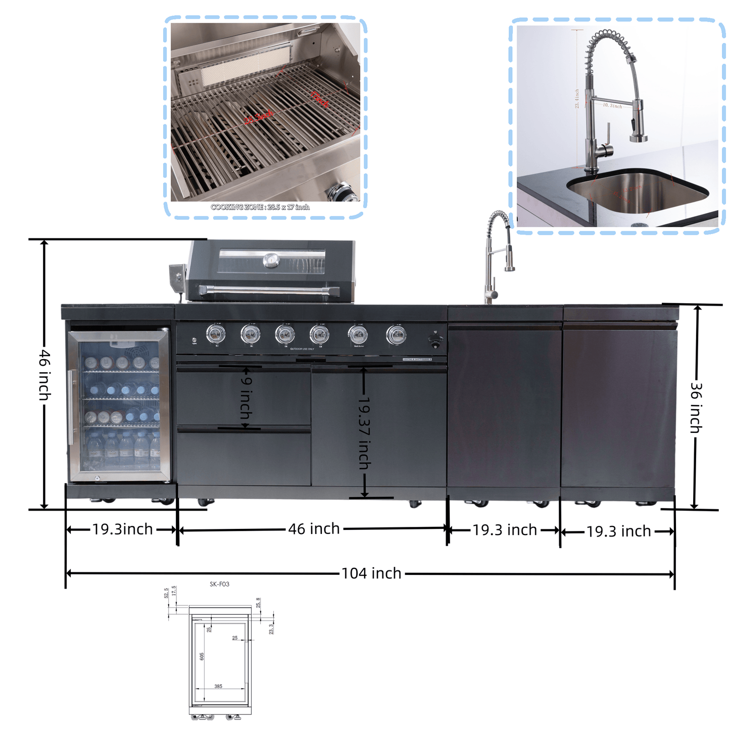 46 - Inch 4 - Burner 72000 BTU Deluxe Stainless Steel Gas Outdoor Kitchen Bar Barbecue Island Grill + Wine Cooler Compact Refrigerator + Rotisserie kit + Granite Countertops + Stainless steel Sink - 1st Choice Furniture Direct