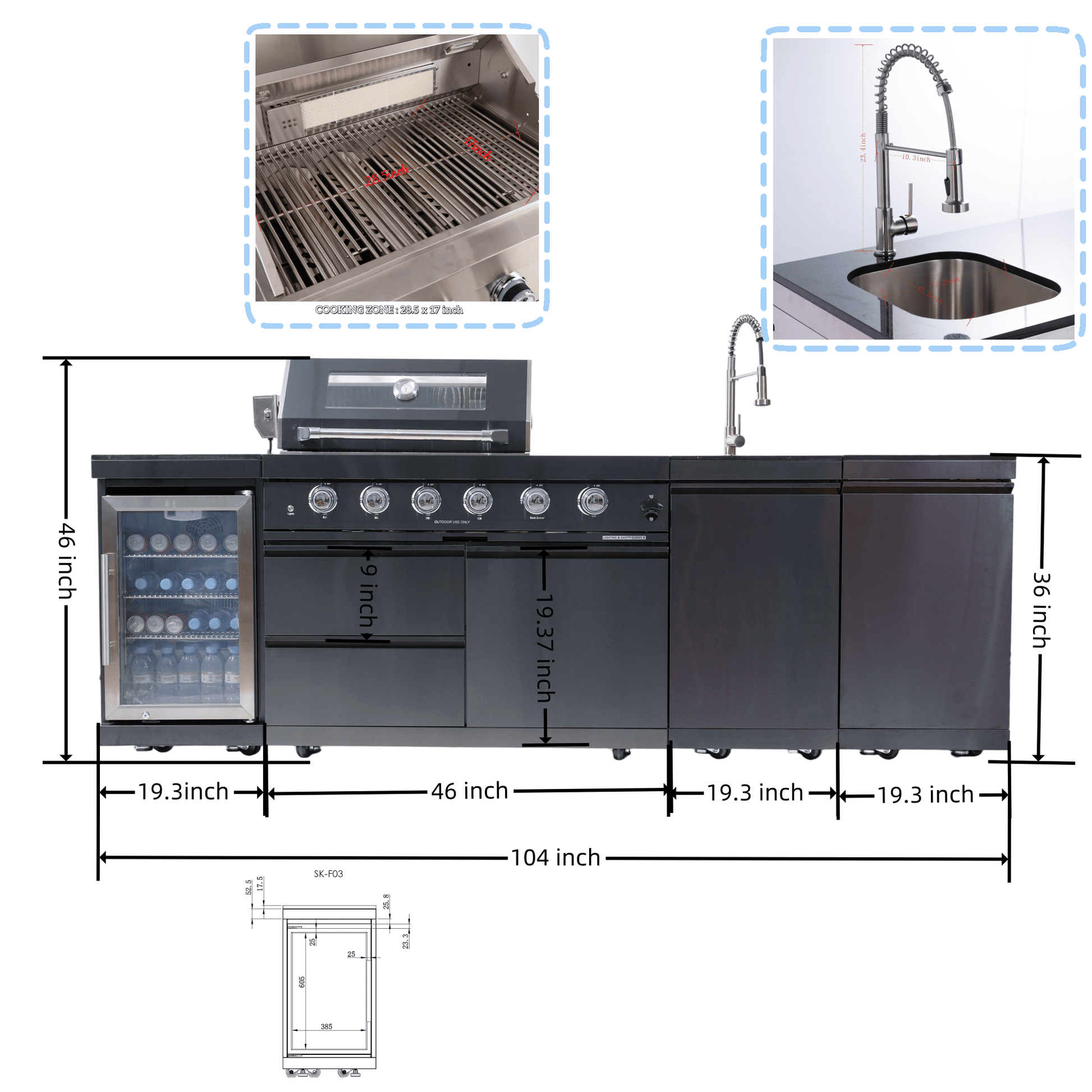 46 - Inch 4 - Burner 72000 BTU Deluxe Stainless Steel Gas Outdoor Kitchen Bar Barbecue Island Grill + Wine Cooler Compact Refrigerator + Rotisserie kit + Granite Countertops + Stainless steel Sink - 1st Choice Furniture Direct