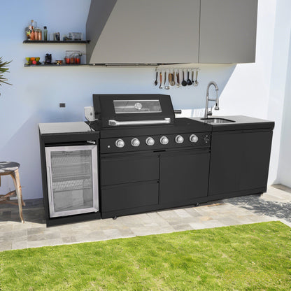 46 - Inch 4 - Burner 72000 BTU Deluxe Stainless Steel Gas Outdoor Kitchen Bar Barbecue Island Grill + Wine Cooler Compact Refrigerator + Rotisserie kit + Granite Countertops + Stainless steel Sink - 1st Choice Furniture Direct