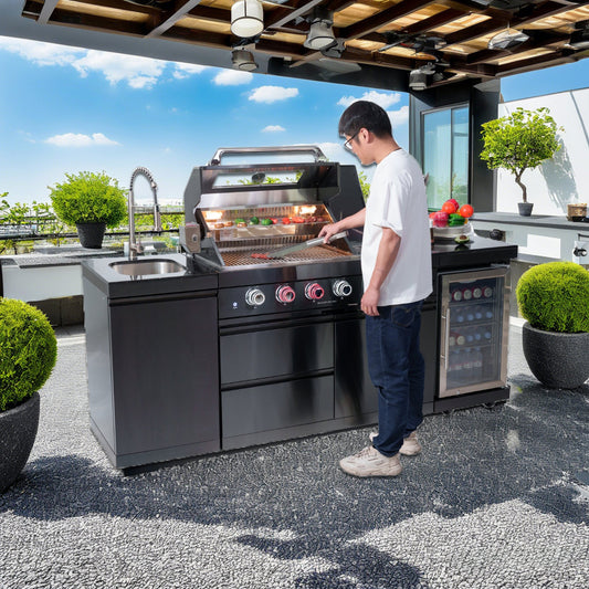 46 - Inch 4 - Burner 72000 BTU Deluxe Stainless Steel Gas Outdoor Kitchen Bar Barbecue Island Grill + Wine Cooler Compact Refrigerator + Rotisserie kit + Granite Countertops + Stainless steel Sink - 1st Choice Furniture Direct