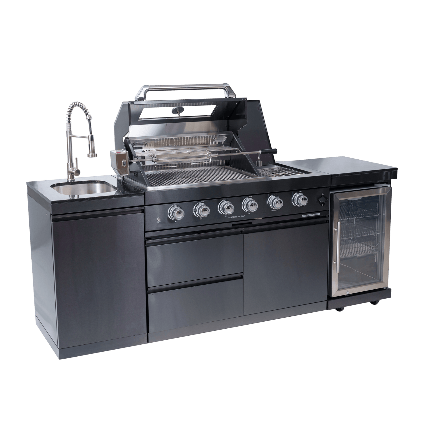 46 - Inch 4 - Burner 72000 BTU Deluxe Stainless Steel Gas Outdoor Kitchen Bar Barbecue Island Grill + Wine Cooler Compact Refrigerator + Rotisserie kit + Granite Countertops + Stainless steel Sink - 1st Choice Furniture Direct