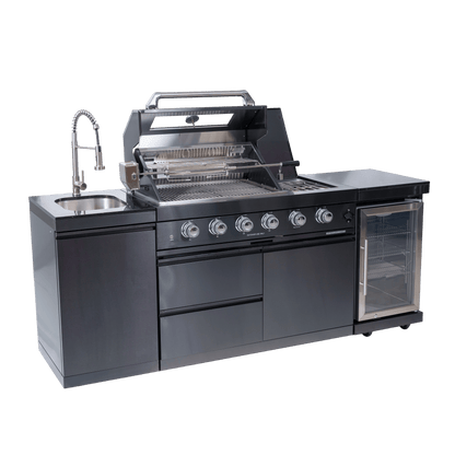46 - Inch 4 - Burner 72000 BTU Deluxe Stainless Steel Gas Outdoor Kitchen Bar Barbecue Island Grill + Wine Cooler Compact Refrigerator + Rotisserie kit + Granite Countertops + Stainless steel Sink - 1st Choice Furniture Direct