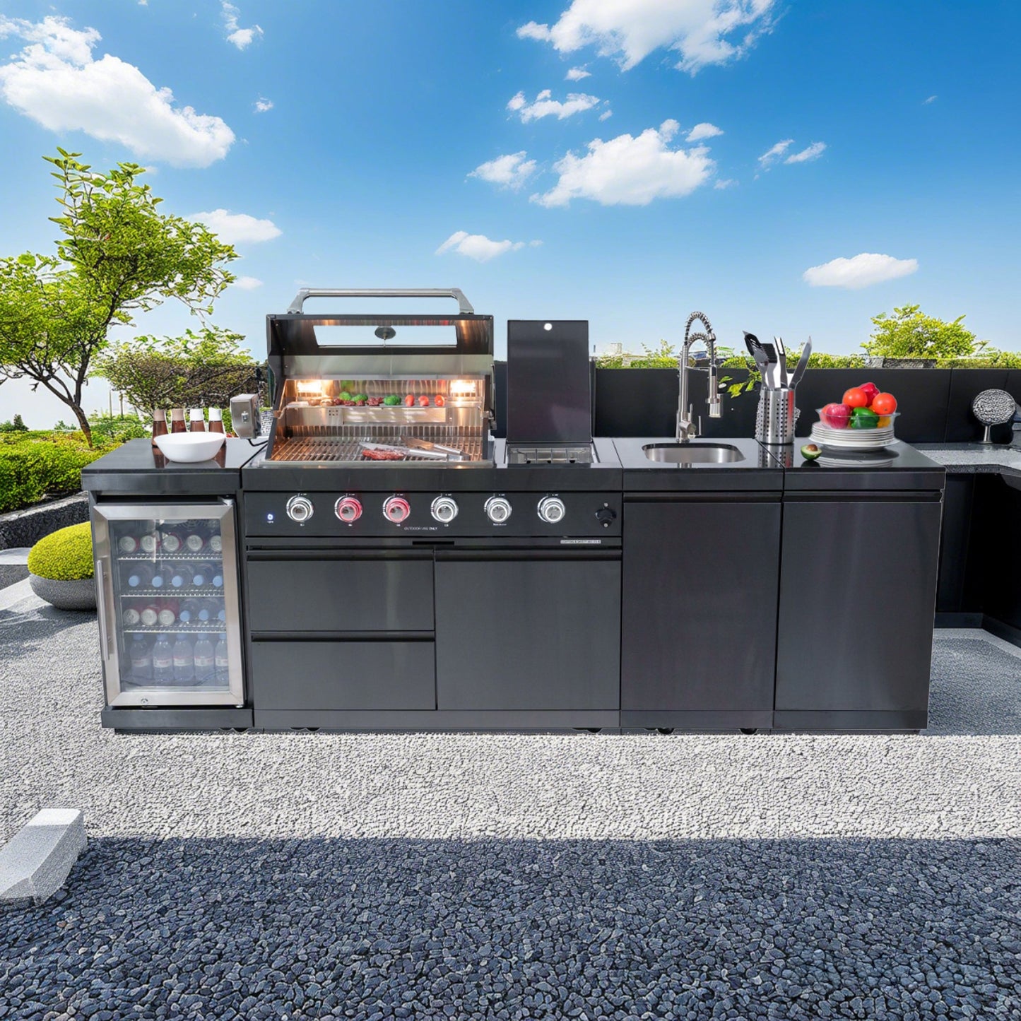 46 - Inch 4 - Burner 72000 BTU Deluxe Stainless Steel Gas Outdoor Kitchen Bar Barbecue Island Grill + Wine Cooler Compact Refrigerator + Rotisserie kit + Granite Countertops + Stainless steel Sink - 1st Choice Furniture Direct