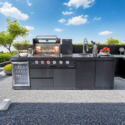 46 - Inch 4 - Burner 72000 BTU Deluxe Stainless Steel Gas Outdoor Kitchen Bar Barbecue Island Grill + Wine Cooler Compact Refrigerator + Rotisserie kit + Granite Countertops + Stainless steel Sink - 1st Choice Furniture Direct