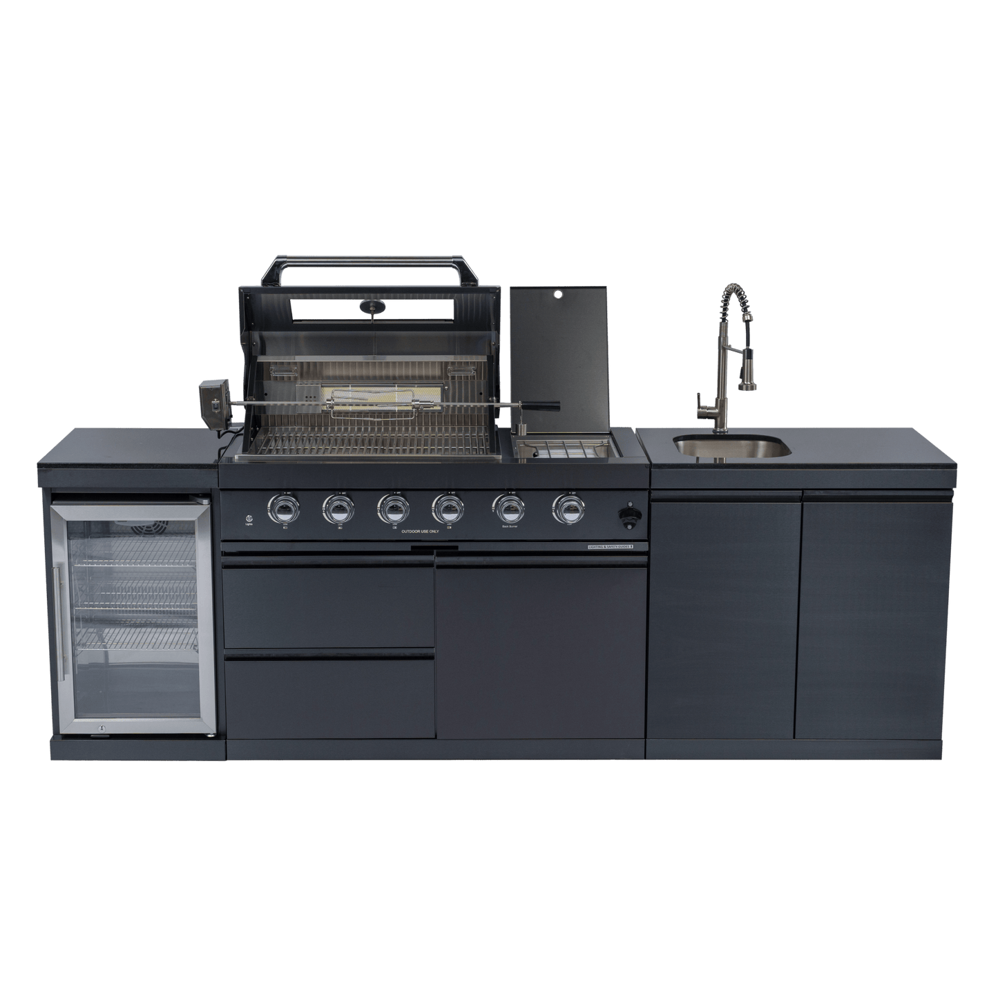 46 - Inch 4 - Burner 72000 BTU Deluxe Stainless Steel Gas Outdoor Kitchen Bar Barbecue Island Grill + Wine Cooler Compact Refrigerator + Rotisserie kit + Granite Countertops + Stainless steel Sink - 1st Choice Furniture Direct
