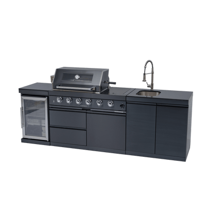 46 - Inch 4 - Burner 72000 BTU Deluxe Stainless Steel Gas Outdoor Kitchen Bar Barbecue Island Grill + Wine Cooler Compact Refrigerator + Rotisserie kit + Granite Countertops + Stainless steel Sink - 1st Choice Furniture Direct