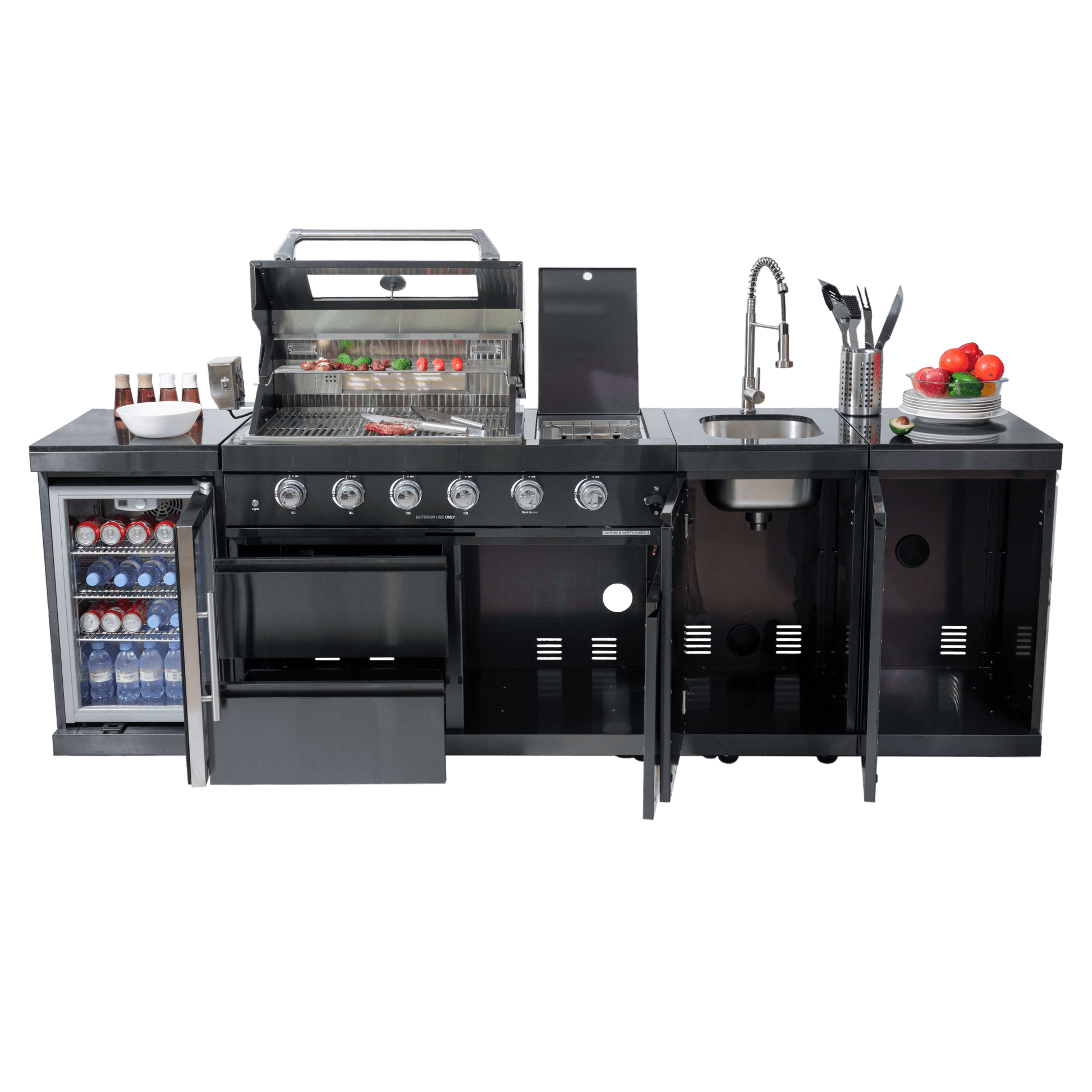 46 - Inch 4 - Burner 72000 BTU Deluxe Stainless Steel Gas Outdoor Kitchen Bar Barbecue Island Grill + Wine Cooler Compact Refrigerator + Rotisserie kit + Granite Countertops + Stainless steel Sink - 1st Choice Furniture Direct
