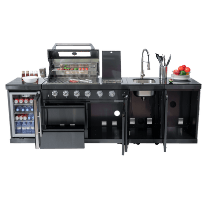 46 - Inch 4 - Burner 72000 BTU Deluxe Stainless Steel Gas Outdoor Kitchen Bar Barbecue Island Grill + Wine Cooler Compact Refrigerator + Rotisserie kit + Granite Countertops + Stainless steel Sink - 1st Choice Furniture Direct
