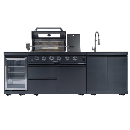 46 - Inch 4 - Burner 72000 BTU Deluxe Stainless Steel Gas Outdoor Kitchen Bar Barbecue Island Grill + Wine Cooler Compact Refrigerator + Rotisserie kit + Granite Countertops + Stainless steel Sink - 1st Choice Furniture Direct