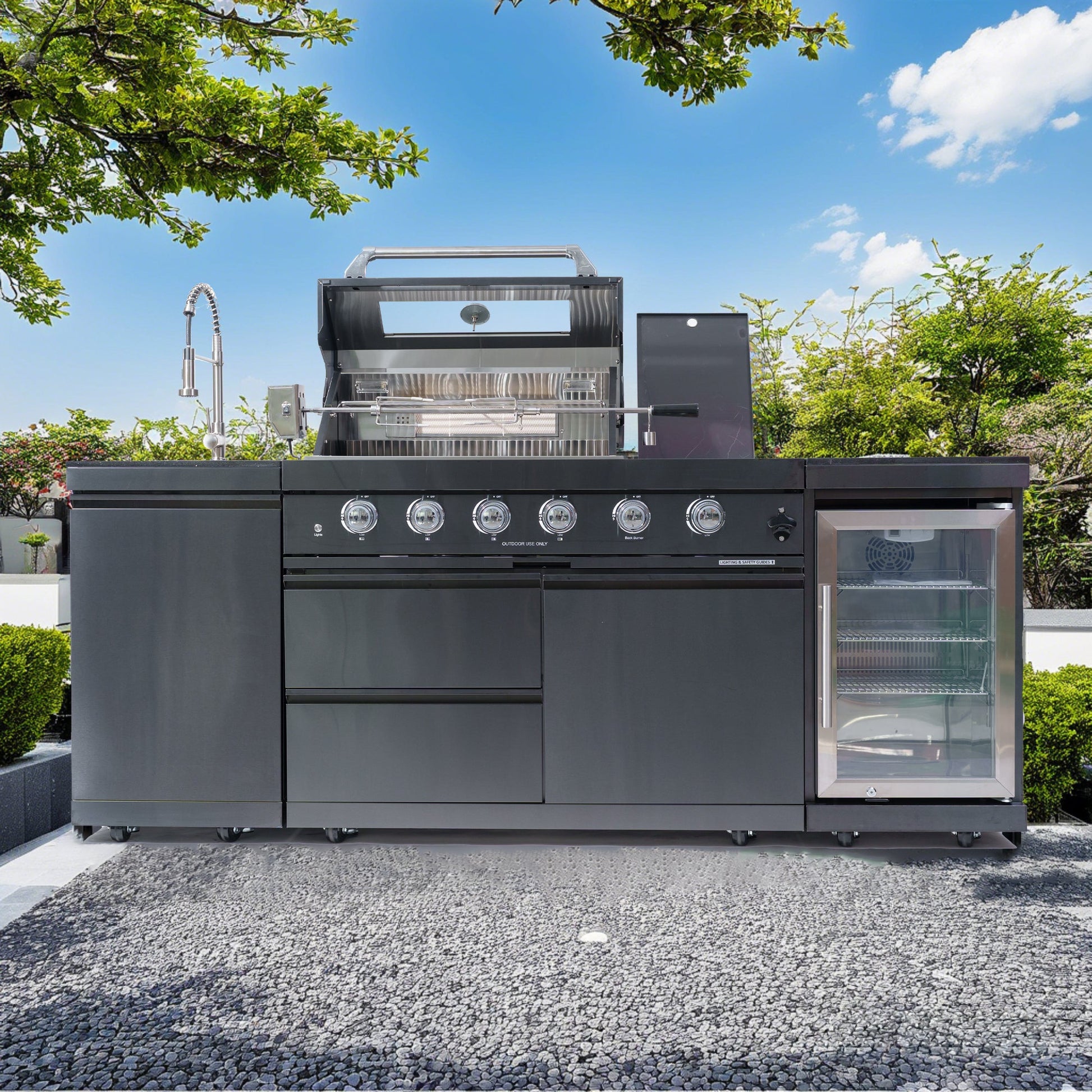 46 - Inch 4 - Burner 72000 BTU Deluxe Stainless Steel Gas Outdoor Kitchen Bar Barbecue Island Grill + Wine Cooler Compact Refrigerator + Rotisserie kit + Granite Countertops + Stainless steel Sink - 1st Choice Furniture Direct