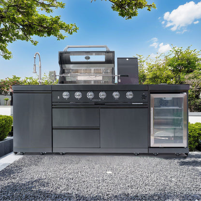 46 - Inch 4 - Burner 72000 BTU Deluxe Stainless Steel Gas Outdoor Kitchen Bar Barbecue Island Grill + Wine Cooler Compact Refrigerator + Rotisserie kit + Granite Countertops + Stainless steel Sink - 1st Choice Furniture Direct