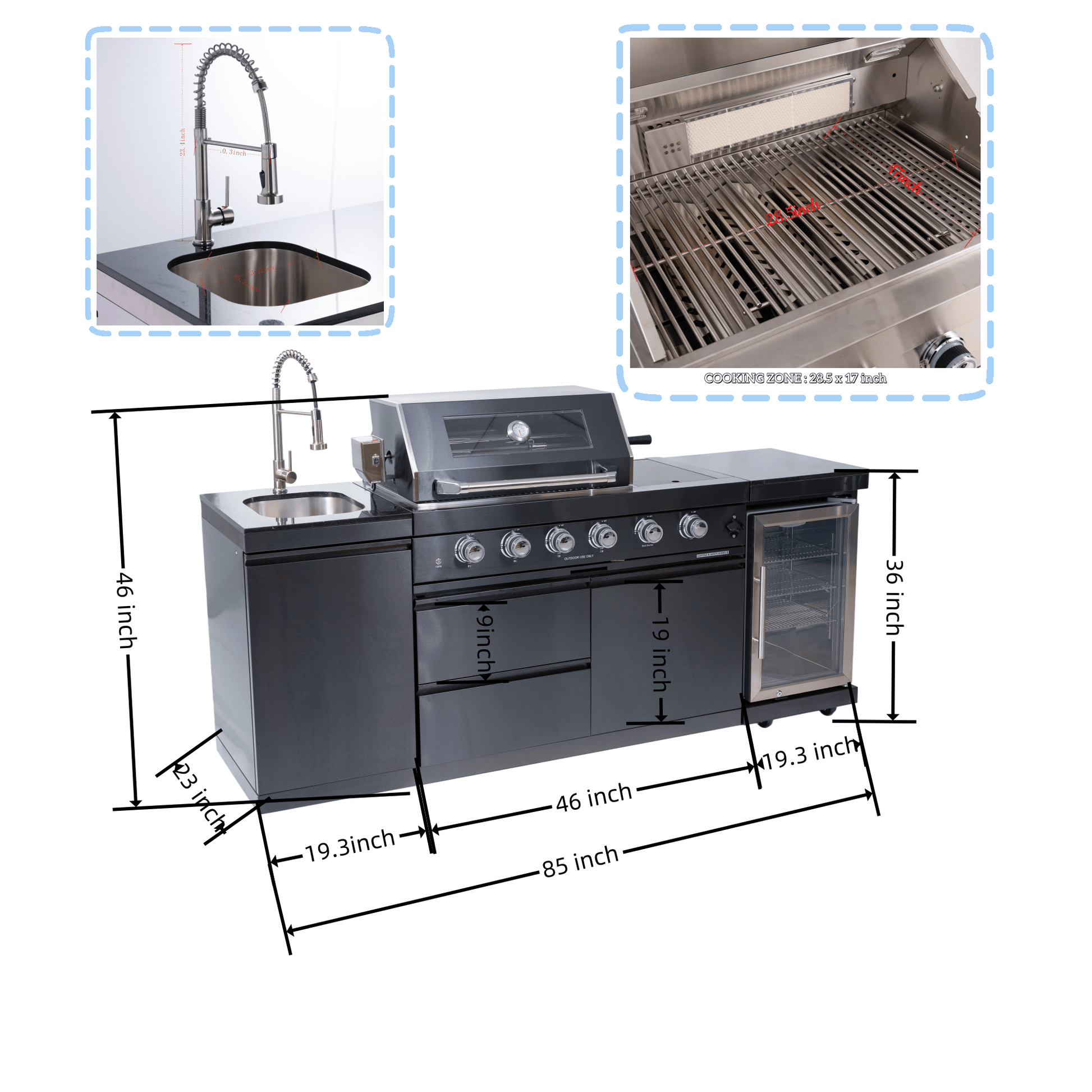 46 - Inch 4 - Burner 72000 BTU Deluxe Stainless Steel Gas Outdoor Kitchen Bar Barbecue Island Grill + Wine Cooler Compact Refrigerator + Rotisserie kit + Granite Countertops + Stainless steel Sink - 1st Choice Furniture Direct