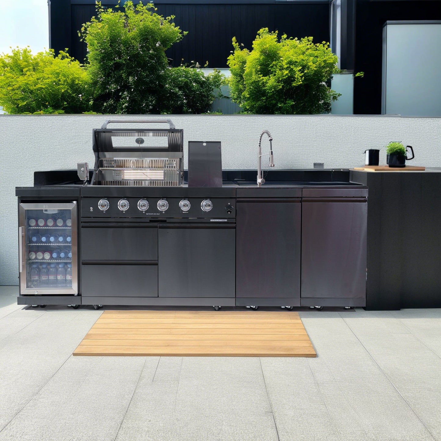 46 - Inch 4 - Burner 72000 BTU Deluxe Stainless Steel Gas Outdoor Kitchen Bar Barbecue Island Grill + Wine Cooler Compact Refrigerator + Rotisserie kit + Granite Countertops + Stainless steel Sink - 1st Choice Furniture Direct