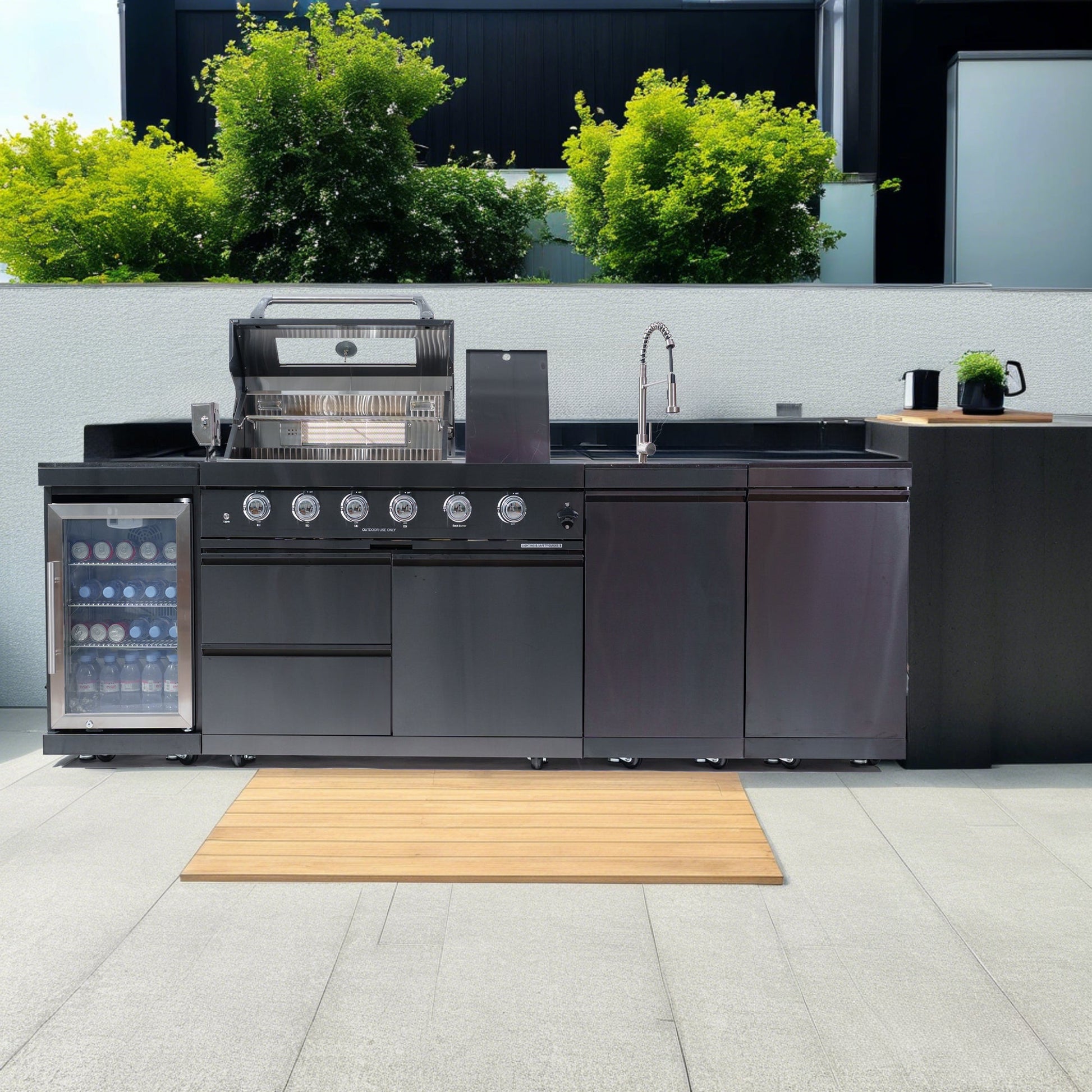 46 - Inch 4 - Burner 72000 BTU Deluxe Stainless Steel Gas Outdoor Kitchen Bar Barbecue Island Grill + Wine Cooler Compact Refrigerator + Rotisserie kit + Granite Countertops + Stainless steel Sink - 1st Choice Furniture Direct