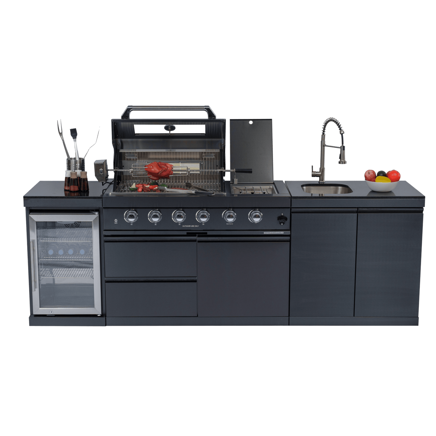 46 - Inch 4 - Burner 72000 BTU Deluxe Stainless Steel Gas Outdoor Kitchen Bar Barbecue Island Grill + Wine Cooler Compact Refrigerator + Rotisserie kit + Granite Countertops + Stainless steel Sink - 1st Choice Furniture Direct