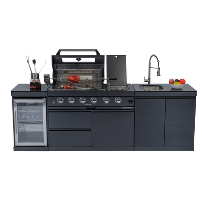 46 - Inch 4 - Burner 72000 BTU Deluxe Stainless Steel Gas Outdoor Kitchen Bar Barbecue Island Grill + Wine Cooler Compact Refrigerator + Rotisserie kit + Granite Countertops + Stainless steel Sink - 1st Choice Furniture Direct