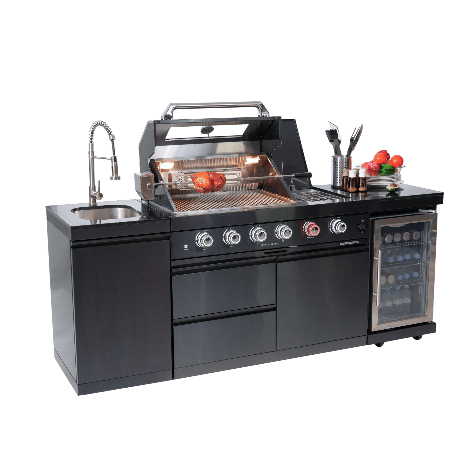 46 - Inch 4 - Burner 72000 BTU Deluxe Stainless Steel Gas Outdoor Kitchen Bar Barbecue Island Grill + Wine Cooler Compact Refrigerator + Rotisserie kit + Granite Countertops + Stainless steel Sink - 1st Choice Furniture Direct