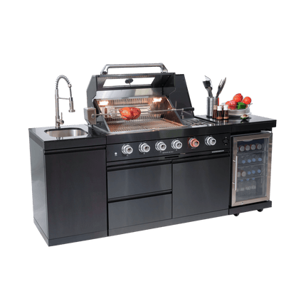 46 - Inch 4 - Burner 72000 BTU Deluxe Stainless Steel Gas Outdoor Kitchen Bar Barbecue Island Grill + Wine Cooler Compact Refrigerator + Rotisserie kit + Granite Countertops + Stainless steel Sink - 1st Choice Furniture Direct