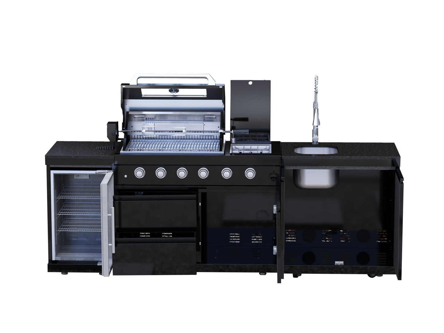 46 - Inch 4 - Burner 72000 BTU Deluxe Stainless Steel Gas Outdoor Kitchen Bar Barbecue Island Grill + Wine Cooler Compact Refrigerator + Rotisserie kit + Granite Countertops + Stainless steel Sink - 1st Choice Furniture Direct
