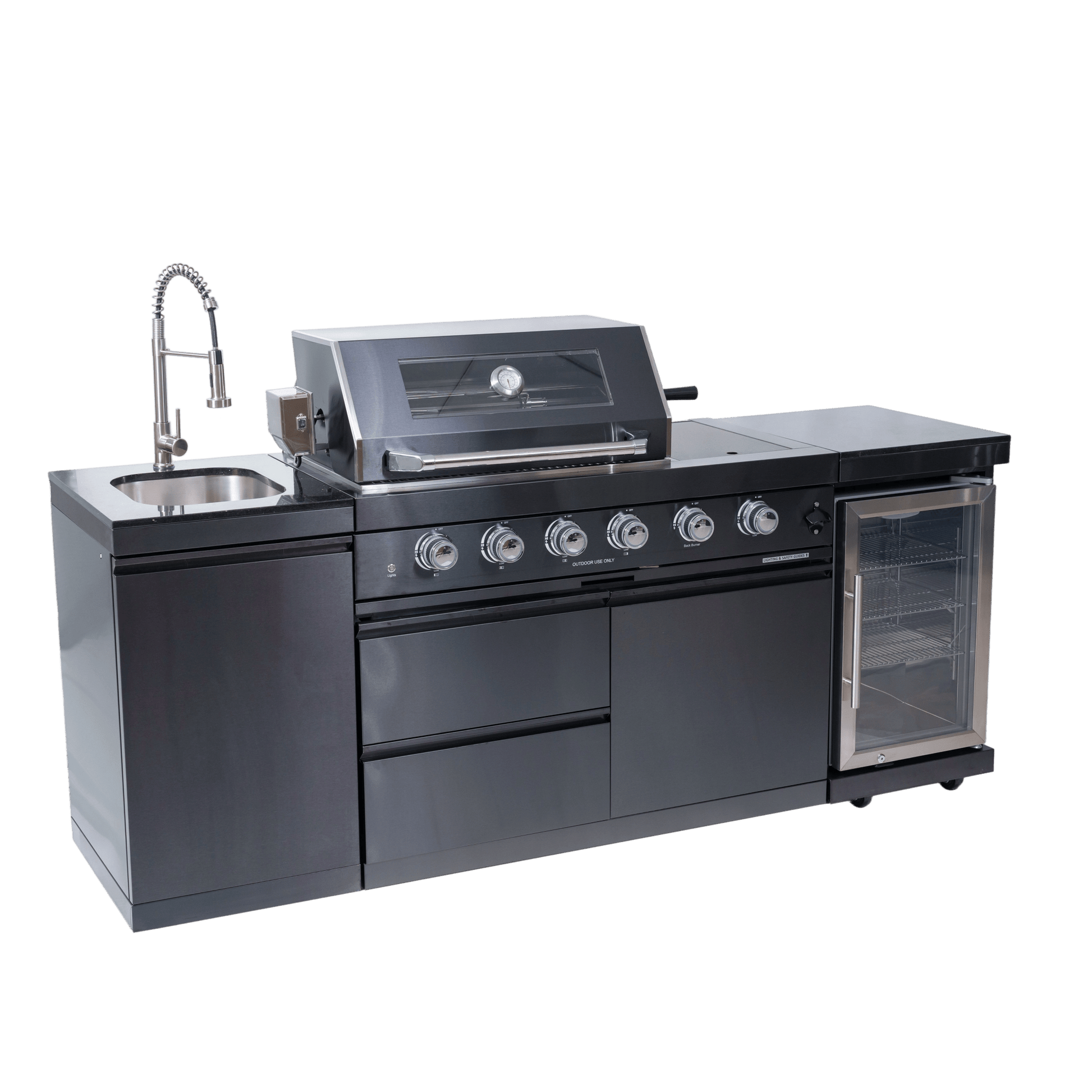 46 - Inch 4 - Burner 72000 BTU Deluxe Stainless Steel Gas Outdoor Kitchen Bar Barbecue Island Grill + Wine Cooler Compact Refrigerator + Rotisserie kit + Granite Countertops + Stainless steel Sink - 1st Choice Furniture Direct