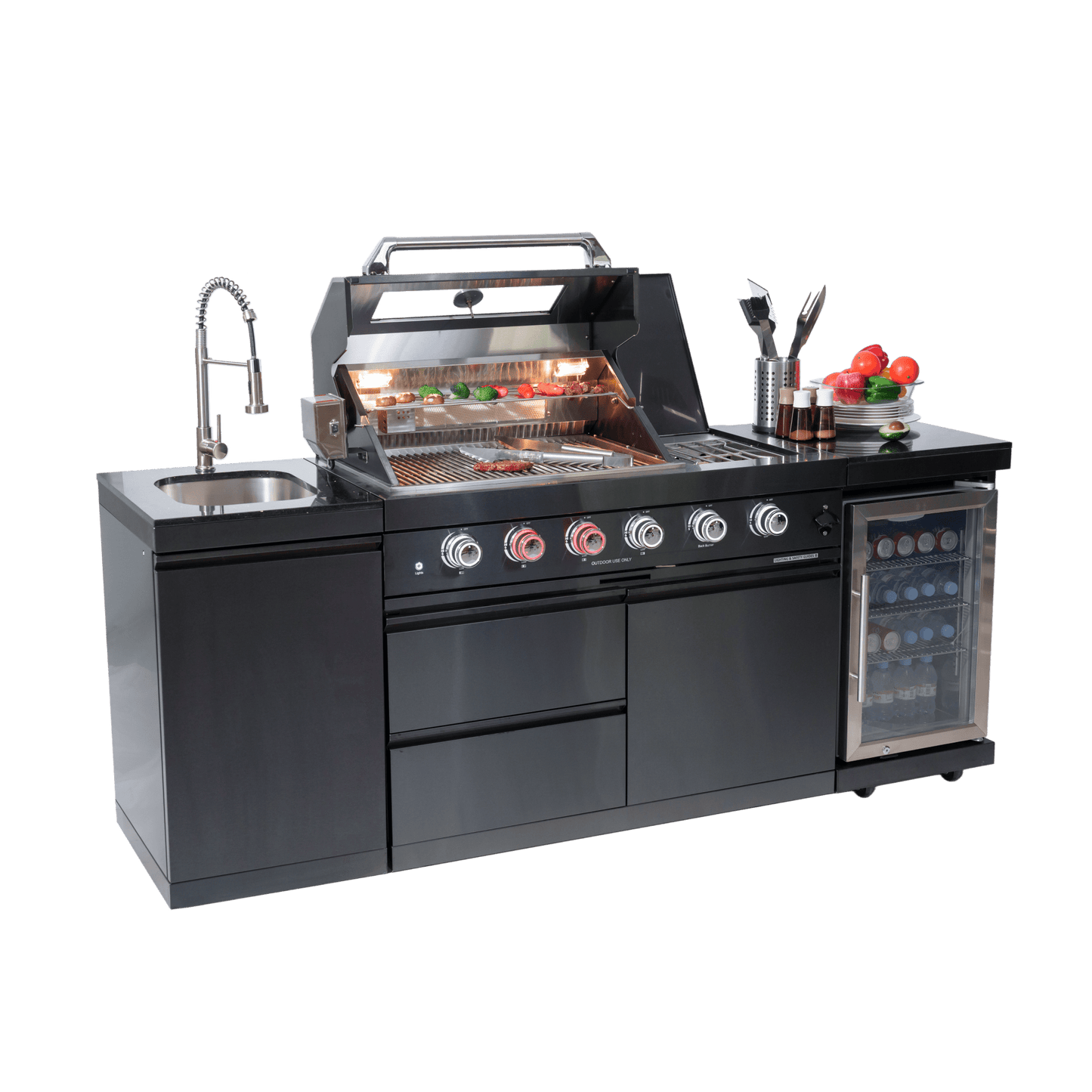 46 - Inch 4 - Burner 72000 BTU Deluxe Stainless Steel Gas Outdoor Kitchen Bar Barbecue Island Grill + Wine Cooler Compact Refrigerator + Rotisserie kit + Granite Countertops + Stainless steel Sink - 1st Choice Furniture Direct